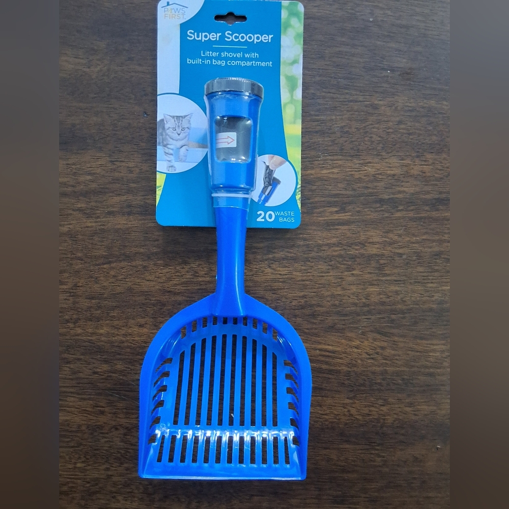 Paws First Super Scooper Blue Litter Shovel With Built-in Bag Compartment, NEW